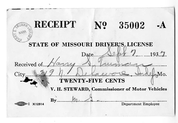 State of Missouri Driver's License Receipt for Harry S. Truman