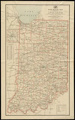 Post route map of the state of Indiana showing post offices with the intermediate distances on mail routes in operation on the 1st of December, 1897