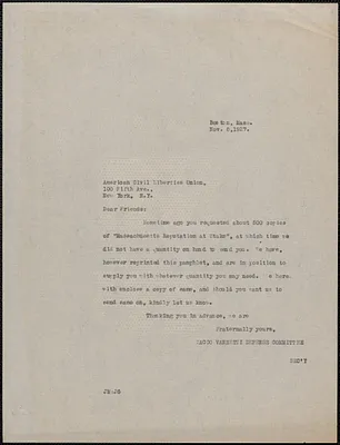 Joseph Moro (Sacco-Vanzetti Defense Committee) typed letter (copy) to American Civil Liberties Union, Boston, Mass., November 8, 1927