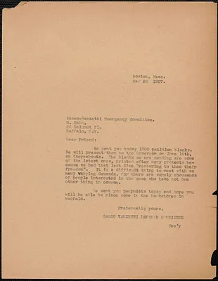 Sacco-Vanzetti Defense Committee typed letter (copy) to H. Hahn (Buffalo Sacco-Vanzetti Emergency Committee), Boston, Mass., May 16, 1927