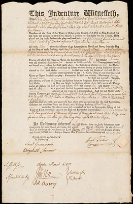 Enoch Jarvis indentured to apprentice with Hugh Tarbett of Boston, 6 March 1771