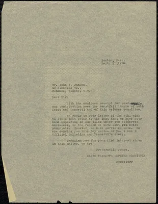 Sacco-Vanzetti Defense Committee typed letter signed (copy) to John J. Jansen, Boston, Mass., September 11, 1926