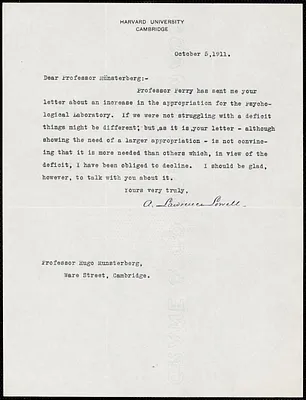 Lowell, A. Lawrence (Abbott Lawrence), 1856-1943 typed letter signed to Hugo Münsterberg, Cambridge, Mass., 5 October 1911