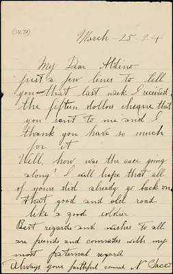 Nicola Sacco autographed note signed to Aldino Felicani, [Dedham], 25 March 1924