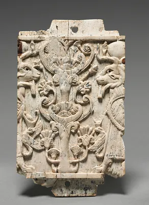 Decorative Plaque: Ram-Headed Sphinxes Flanking a Sacred Tree