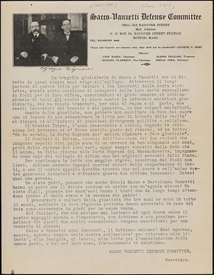 Emilio Coda (Sacco-Vanzetti Defense Committee) typed letter (circular), in Italian, Boston, Mass., January 1925