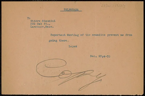 Frank R. Lopez telegram (copy) to Giannini Ettore, Boston, Mass., December 23, 1923
