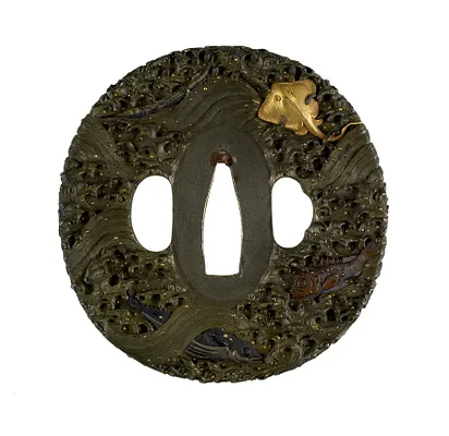 Tsuba with Fish and Waves