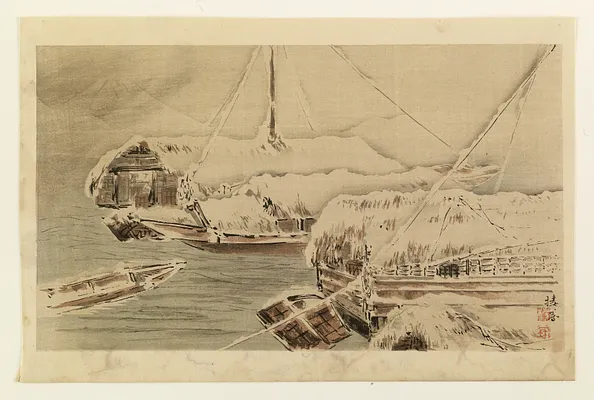 Snow-covered wharfs before Mt. Fuji