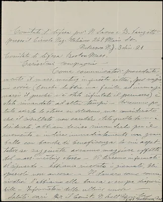 Nicola Dell'Aquila (Comitato de Difensa pro N. Sacco e B. Vanzetti) autograph letter signed, in Italian, to Sacco-Vanzetti Defense Committee, Patterson, N.J., December 3, 1921