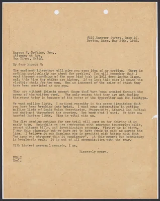 Sacco-Vanzetti Case Records, 1920-1928. Correspondence. Sacco-Vanzetti Defense Committee Correspondence to Marcus W. Robbins, May 29, 1923. Box 41, Folder 29, Harvard Law School Library, Historical & Special Collections