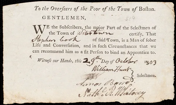 Sally Newell indentured to apprentice with Stephen Cook of Watertown, 2 November 1803