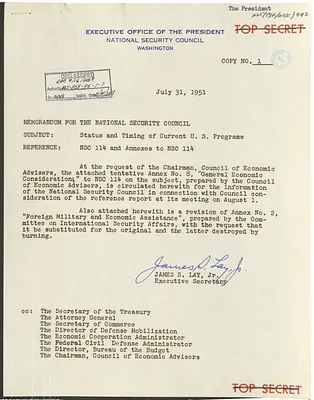 Memorandum from James S. Lay, Jr. to the National Security Council with Attachment