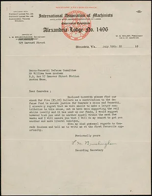 L. M. Brushingham (International Association of Machinists, Alexandria Lodge No. 1496) typed letter signed to Sacco-Vanzetti Defense Committee, Alexandria, Va., July 19, 1922