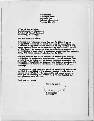 Letter from James Meredith to the Registrar at the University of Mississippi, 20 February 1961