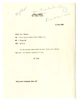 Copy of Telegram from Bess W. Truman to Mrs. Gates Wells