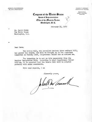 Letter from Representative John W. McCormack to David Stowe, with Attachments