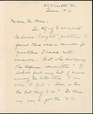 Louise K. Gates autograph letter signed to Joseph Moro, Geneva, N.Y., April 20, [1927]