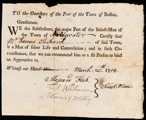 Robert Layman indentured to apprentice with James Packard of Bridgewater, 24 March 1758