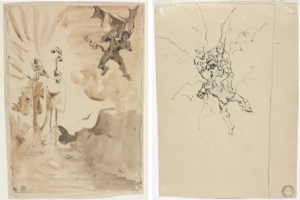 The Bishop and the Demon (recto); Three Demons Holding a Knight (verso)