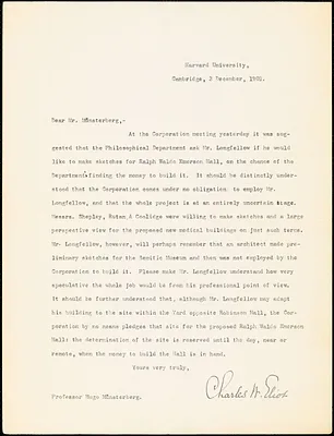 Eliot, Charles William, 1834-1926 typed letter signed to Hugo Münsterberg, Cambridge, Mass., 3 December 1901