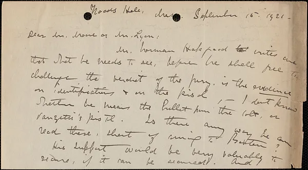 Elizabeth G[lendower] Evans autograph letter signed to [Fred H.] Moore or Mr. Lyon, Brookline, Mass., September 15, 1921