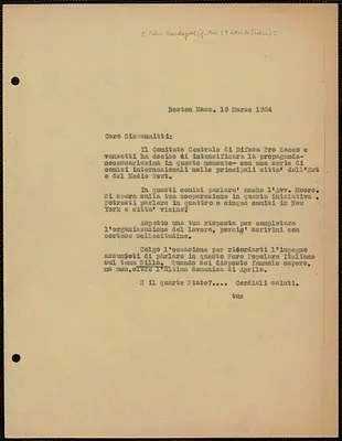 Felice Guadagni typed letter (copy), in Italian, to Arturo Giovannitti, Boston, Mass., March 19, 1924