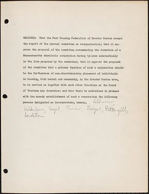 “Resolved: That the Fair Housing Federation of Greater Boston accept the report of the special committee on reorganization...”