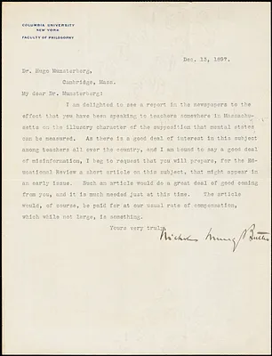 Butler, Nicholas Murray, 1862-1947 typed letter signed to Hugo Münsterberg, New York, 13 December 1897