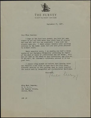 Paul Kellogg (The Survey) typed letter signed to Mary Donovan, New York, N. Y., September 17, 1927