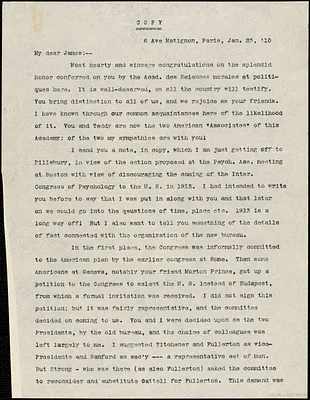 Baldwin, James Mark, 1861-1934 typed letter (copy) to [William James], Paris, 23 January 1910