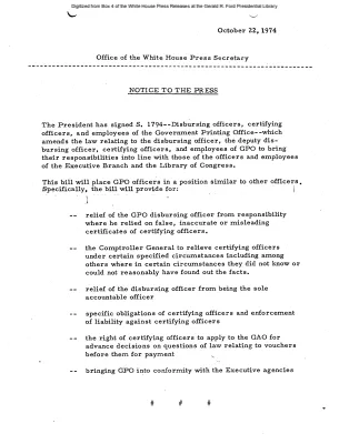 President Signs S. 1794, Disbursing officers, certifying officers, and employees of the Government Printing Office [Signing Statements and Announcements]