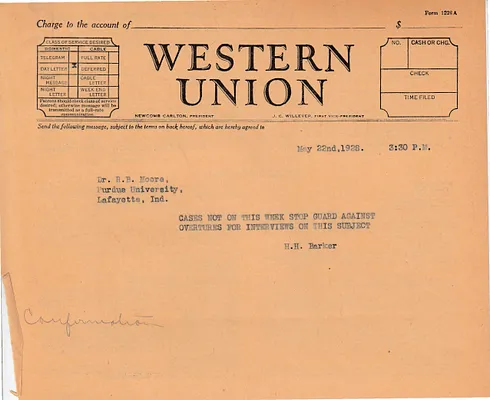 Telegram to Dr. R.B. Moore, May 22, 1928