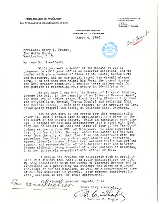 Letter from Burnham Thorpe to President Harry S. Truman