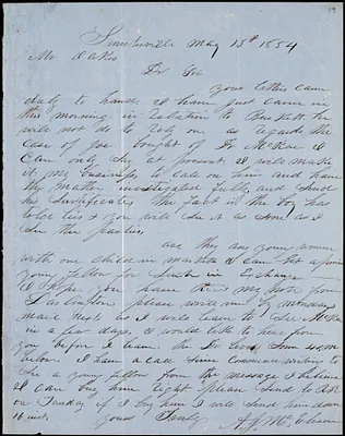 A. J. McElveen, Sumterville, S.C., autograph letter signed to Ziba B. Oakes, 13 May 1854