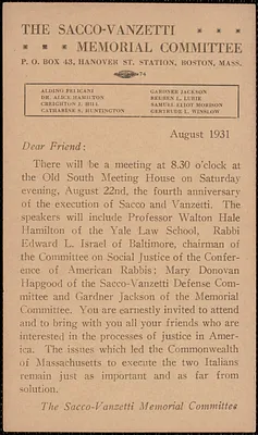 Sacco-Vanzetti Memorial Committee printed postcard (circular), Boston, Mass., August 1931