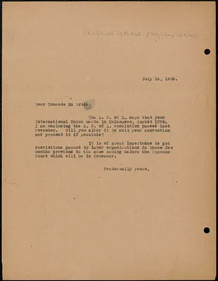Sacco-Vanzetti Defense Committee typed note (copy) to Sylvester J. McBride, Boston, Mass., July 16, 1925