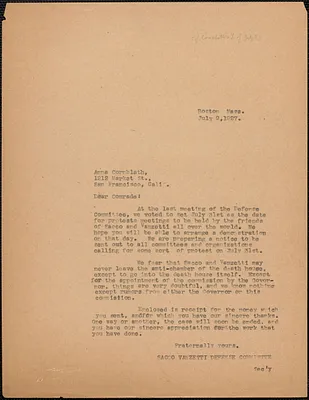 Sacco-Vanzetti Defense Committee typed letter (copy) to Anna Cornblath (Sacco-Vanzetti United Labor Conference of San Fransciso), Boston, Mass., July 9, 1927