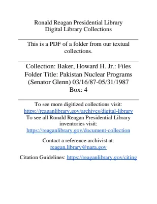 Pakistan Nuclear Programs (Senator Glenn) 03/16/87-05/31/1987