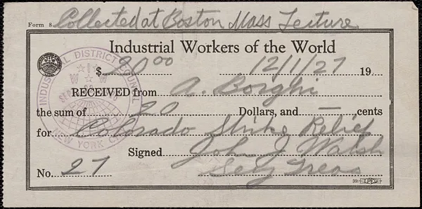 John J. Walsh (Industrial Workers of the World) receipt of payment received from Armando Borghi, Haverhill, Mass., December 1, 1927