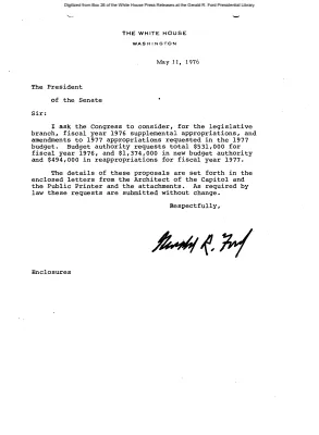 Letter from the President to the President of the Senate asking Congress to consider for the legislative branch fiscal year 1976 supplemental appropriations, and amendments to 1977 appropriations requested in the 1977 budget