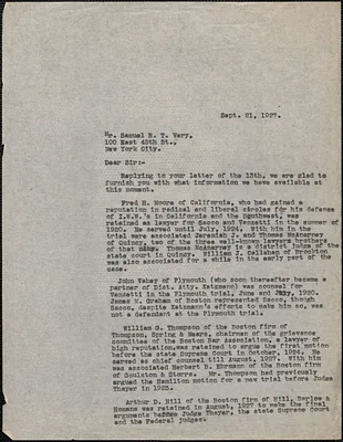 Sacco-Vanzetti Defense Committee typed letter (copy) to Samuel R. T. Very, Boston, Mass., September 21, 1927
