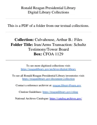 Iran/Arms Transaction: Schultz Testimony/Tower Board