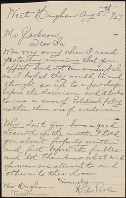H. L. Poole autograph letter signed to [Gardner] Jackson, West Hingham, Mass., August 5, 1927