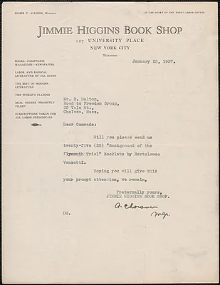 A. [Chordner?] (Jimmie Higgins Book Shop) typed note signed to B. Dalton (Road to Freedom Group), New York, N. Y., January 25, 1927