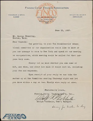 Adolph Wirkkula (Finish Co-Op Trading Association) typed letter signed to George Branding (Georg Branting?), Brooklyn, N. Y., June 21, 1927