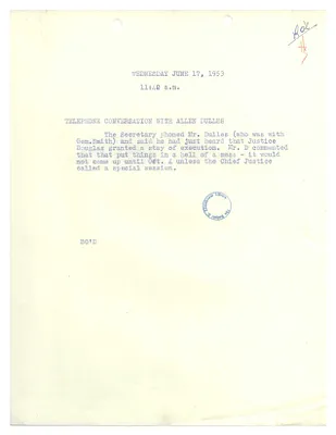 Memorandum of Telephone Conversation between John Foster Dulles and Allen Dulles Regarding the Stay of Execution