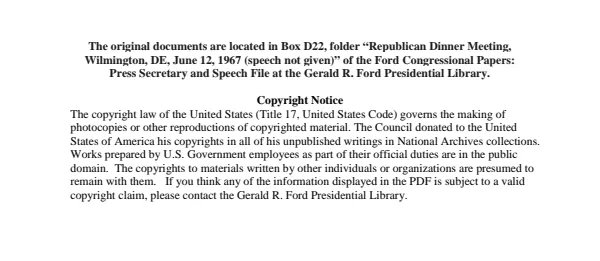 Republican Dinner Meeting, Wilmington, DE, June 12, 1967 (speech not given)