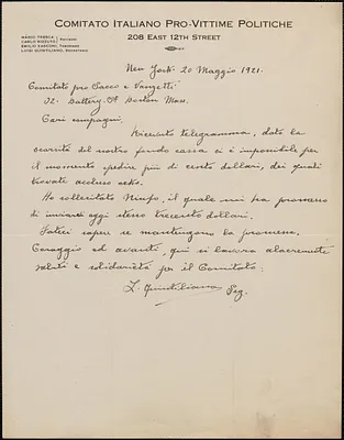Luigi Quintiliano (Comitato Italiano Pro-Vittime Politiche) autograph letter signed, in Italian, to Sacco-Vanzetti Defense Committee, New York, N.Y., May 20, 1921