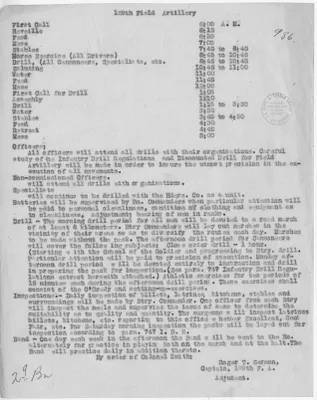 129th Field Artillery Drill Schedule from Captain Roger T. Sermon